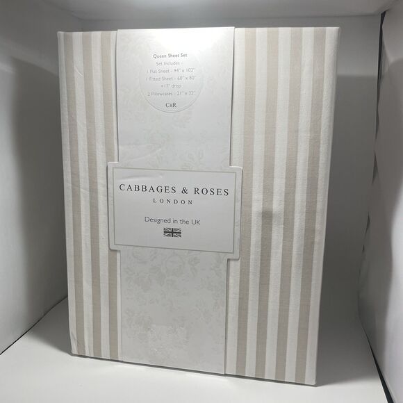 Cabbages and Roses Other - Cabbages & Roses London Queen Sheet Set Pinstripe Linen Beige Striped Cotton NIP